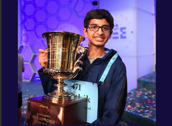 Karthik Nemmani after winning the 2018 Scripps National Spelling Bee. He correctly spelled "koinonia" to win the title. (@ScrippsBee on Twitter)
