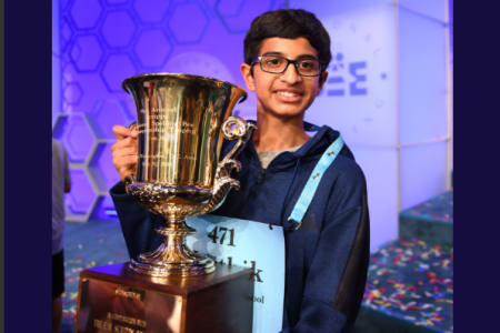 Karthik Nemmani after winning the 2018 Scripps National Spelling Bee. He correctly spelled "koinonia" to win the title. (@ScrippsBee on Twitter)