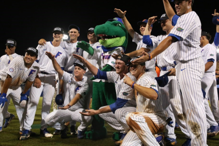The Florida Gators celebrate after beating Auburn 3-2. (Kaila Jones via https://floridagators.com/galleries/?gallery=5872)