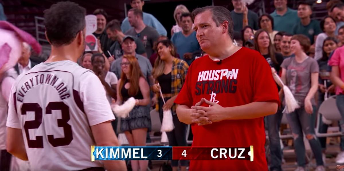 Ted Cruz and Jimmy Kimmel playing one-on-one for charity. (YouTube/ABC)