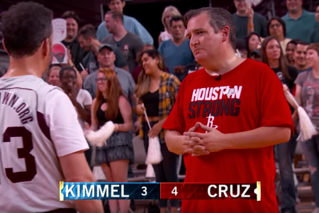 Ted Cruz and Jimmy Kimmel playing one-on-one for charity. (YouTube/ABC)