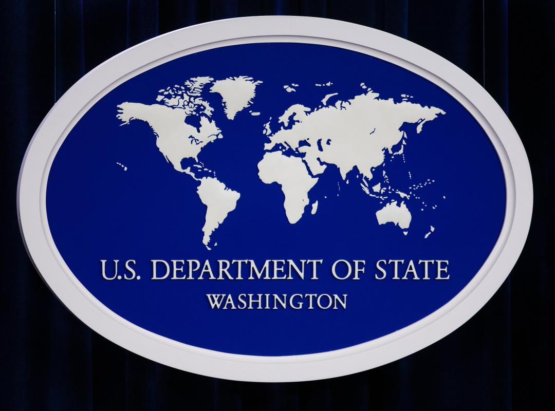 The US Department of State logo is displayed inside the media briefing room 01 November 2007 at the US Department of State in Washington, DC.    AFP PHOTO/Paul J. Richards (Photo credit should read PAUL J. RICHARDS/AFP/Getty Images)