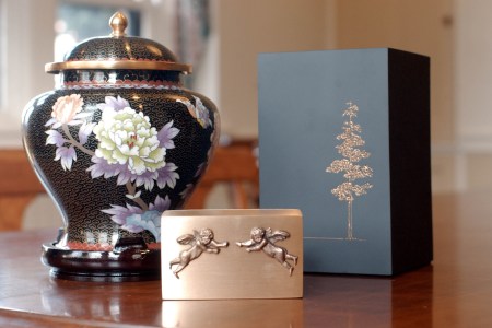 A selection of crematory urns available at Mount Auburn Cemetary is shown February 21, 2002 in Watertown, MA. The cemetary has been performing cremations for 100 years and does about 900 per year. (Photo by Darren McCollester/Getty Images)