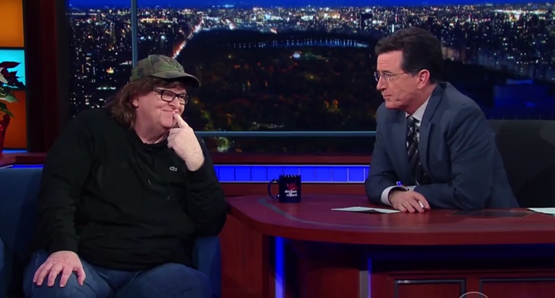 Filmmaker Michael Moore appears on Stephen Colbert's 'Late Show.' (YouTube)