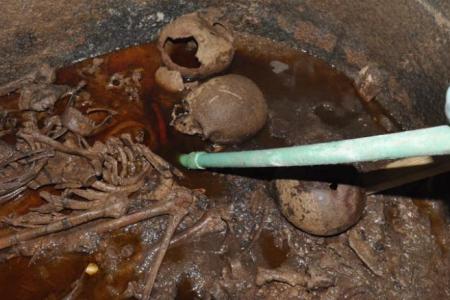 Handout picture released by the Egyptian Ministry of Antiquities shows disintegrated mummies within the sarcophagus. 