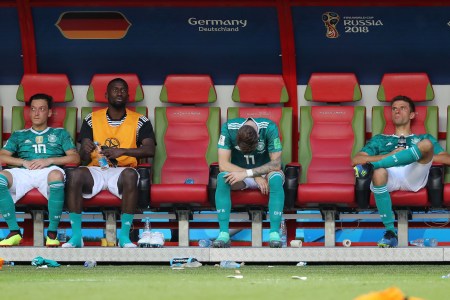 Mesut Ozil, Antonio Ruediger, Marco Reus, and Thomas Mueller of Germany react following defending champion Germany's loss during the 2018 FIFA World Cup Russia Group F match between Korea Republic and Germany at Kazan Arena on June 27, 2018 in Kazan, Russia. (Stefan Matzke - sampics/Corbis via Getty Images)