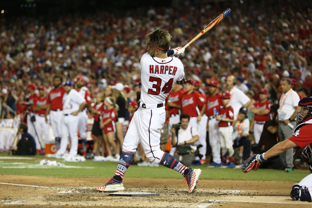 Bryce Harper #34 of the Washington Nationals bats during the T-Mobile Home Run Derby at Nationals Park on Monday, July 16, 2018 in Washington, D.C. (Photo by Rob Tringali/MLB Photos via Getty Images)