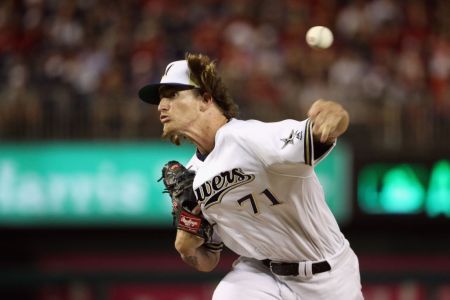 Josh Hader #71 of the Milwaukee Brewers and the National League pitches in the eighth inning against the American League during the 89th MLB All-Star Game, presented by Mastercard at Nationals Park on July 17, 2018 in Washington, DC.  (Photo by Patrick Smith/Getty Images)