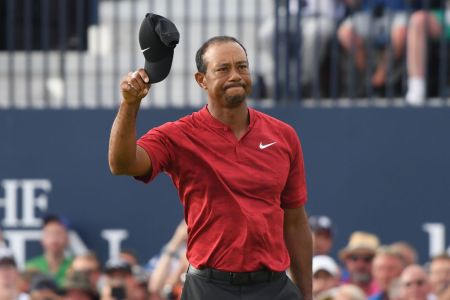 Tiger Woods of the United States acknowledges the crowd on the 18th green during the final round of the 147th Open Championship at Carnoustie Golf Club on July 22, 2018 in Carnoustie, Scotland. (Photo by Harry How/Getty Images)