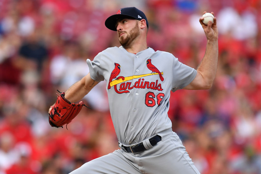 CINCINNATI, OH - JULY 24:  Austin Gomber #68 of the St. Louis Cardinals pitches in the second inning against the Cincinnati Reds at Great American Ball Park on July 24, 2018 in Cincinnati, Ohio.  (Photo by Jamie Sabau/Getty Images)