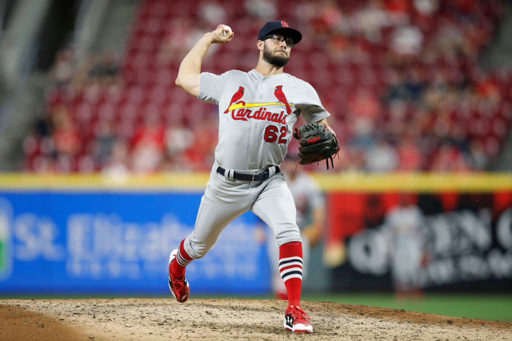 Daniel Poncedeleon #62 of the St. Louis Cardinals pitches during a game against the Cincinnati Reds at Great American Ball Park on July 23, 2018 in Cincinnati, Ohio. Poncedeleon allowed no hits while pitching seven innings but the Reds won 2-1. (Photo by Joe Robbins/Getty Images)