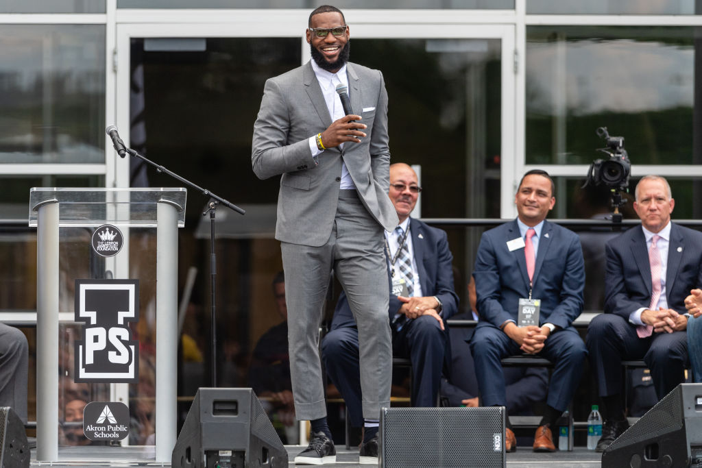 LeBron James addresses the crowd during the opening ceremonies of the I Promise School on July 30, 2018 in Akron, Ohio. (Photo by Jason Miller/Getty Images)