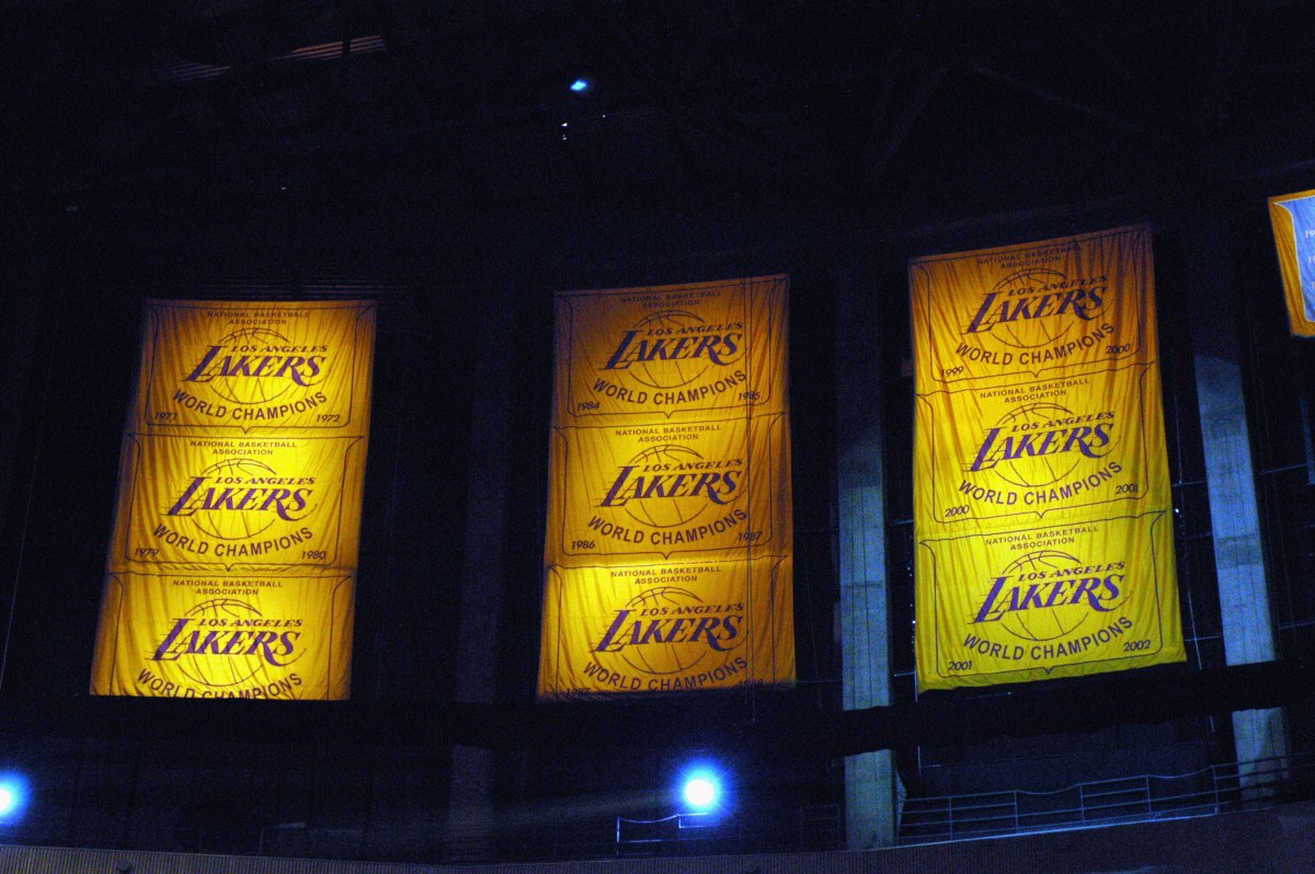 General view of banners honoring the Los Angeles Lakers victories in the NBA Finals during the game against the San Antonio Spurs at Staples Center on October 29, 2002 in Los Angeles, California.  The San Antonio Spurs won 87-82. (Photo by Noah Graham/NBAE/Getty Images)