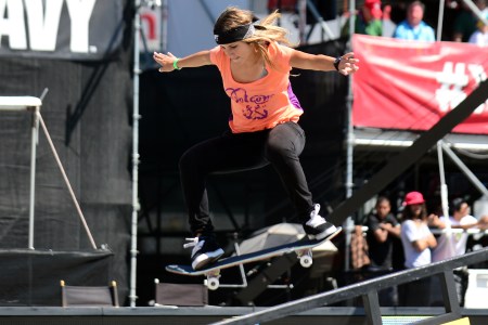 Leticia Bufoni skates to a first place finish in the Women's Skateboard Street final at the X Games in Los Angeles, California on August 1, 2013. (AFP/Frederic J. BROWN/AFP/Getty Images)