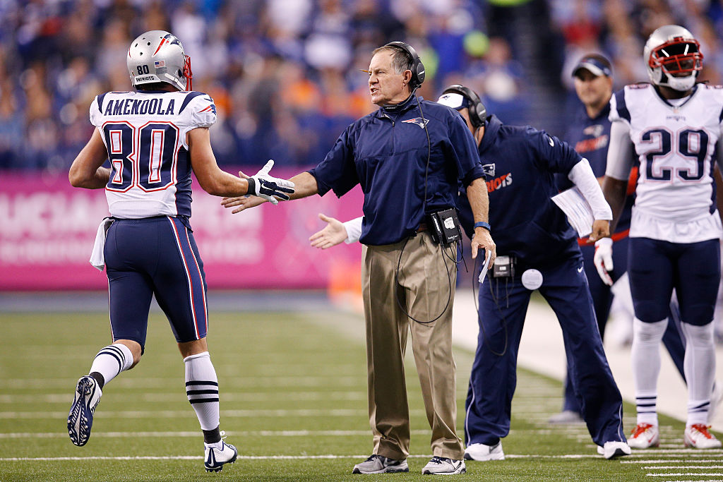 Head coach Bill Belichick of the New England Patriots congratulates Danny Amendola #80 after a touchdown against the Indianapolis Colts in the second quarter of the game at Lucas Oil Stadium on October 18, 2015 in Indianapolis, Indiana. (Photo by Joe Robbins/Getty Images)