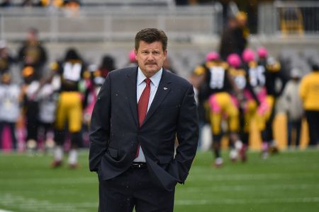 Team president Michael Bidwill of the Arizona Cardinals looks on from the field as rain falls before a game against the Pittsburgh Steelers at Heinz Field on October 18, 2015 in Pittsburgh, Pennsylvania. The Steelers defeated the Cardinals 25-13. (Photo by George Gojkovich/Getty Images)