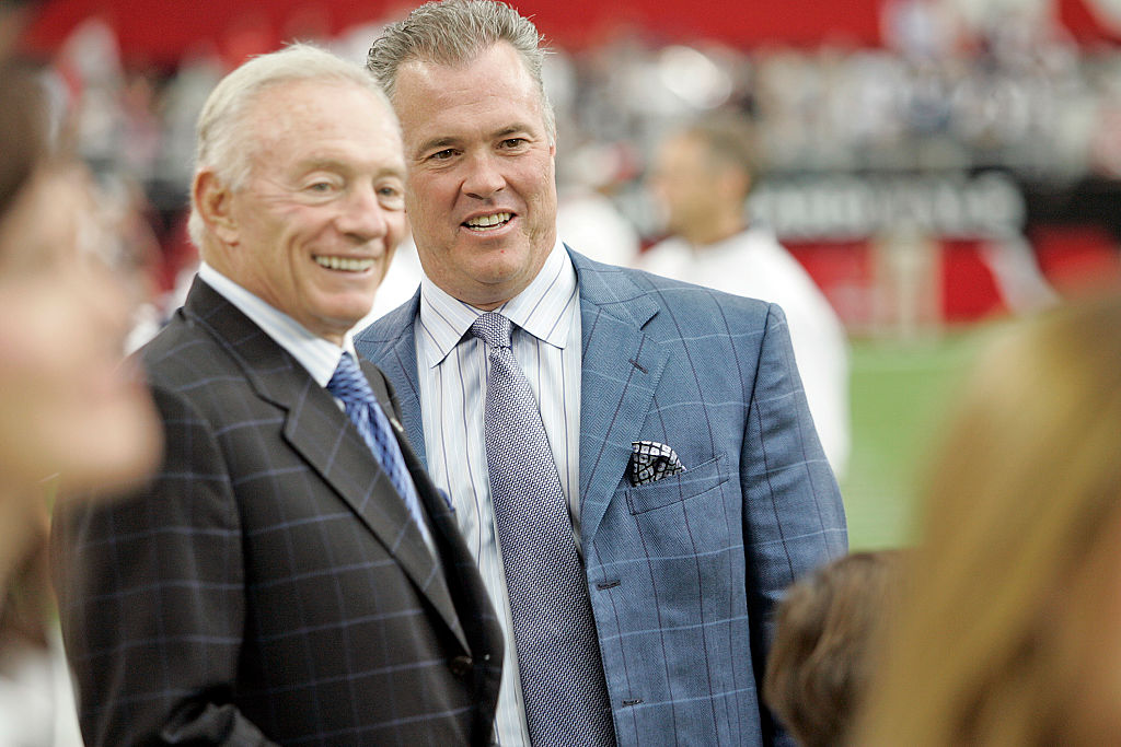 12 October 2008 - Jerry Jones (left) and Stephen Jones of the Dallas Cowboys during the Arizona Cardinals 30-24 win over the Cowboys at University of Phoenix Stadium in Glendale, Arizona. (Photo by James D. Smith /Icon SMI/Icon Sport Media via Getty Images)