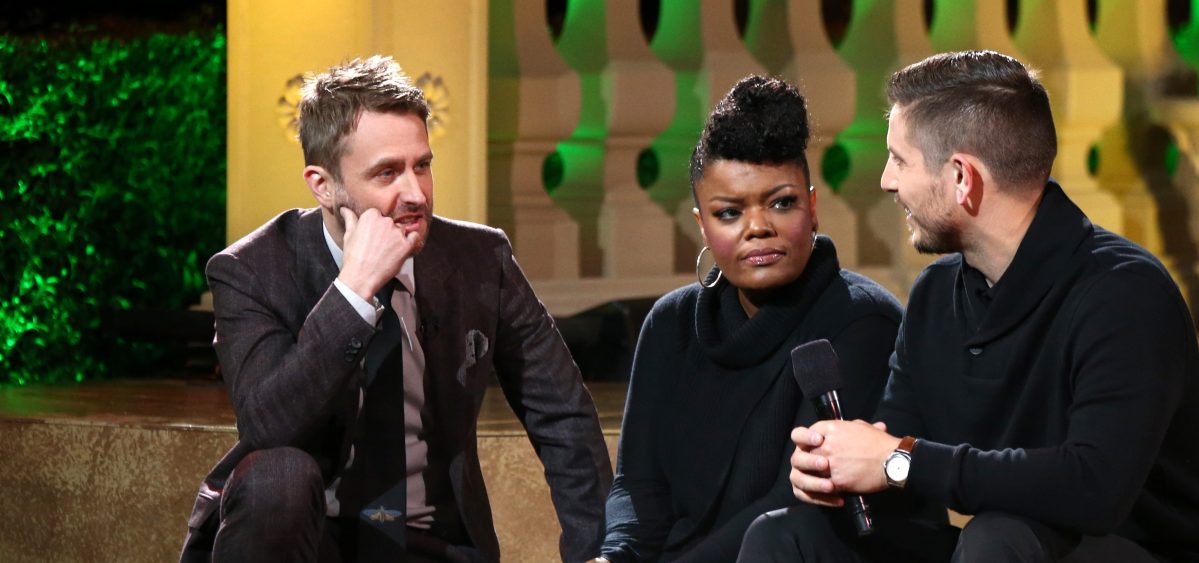 Chris Hardwick, actress Yvette Nicole Brown and superfan Greg speak onstage during AMC presents "Talking Dead Live" for the premiere of "The Walking Dead" at Hollywood Forever on October 23, 2016 in Hollywood, California.  (Photo by Joe Scarnici/Getty Images for AMC)