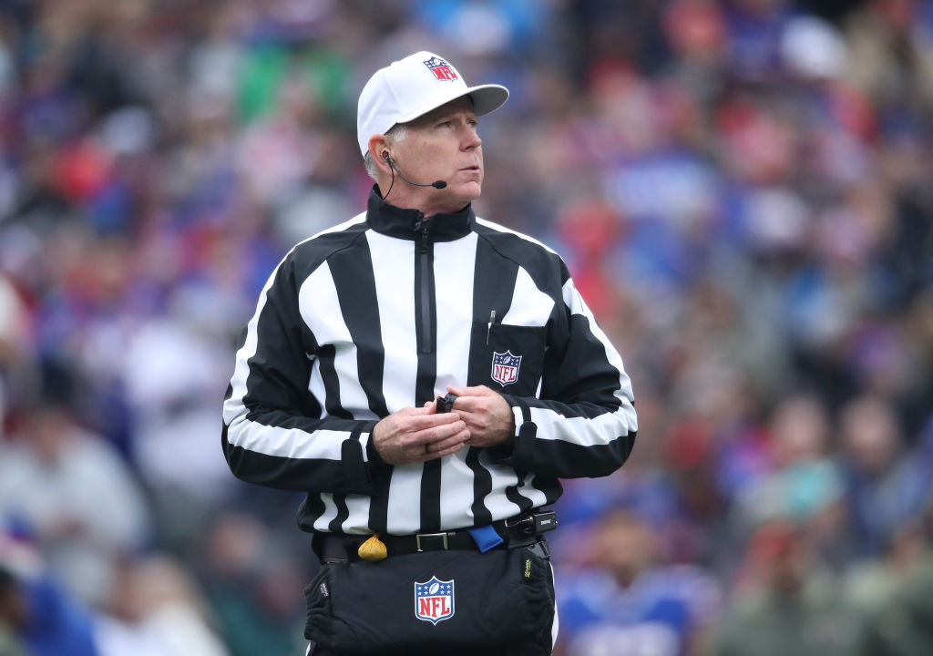 NFL referee Terry McAulay #77 looks on during the Buffalo Bills NFL game against the New Orleans Saints at New Era Field on November 12, 2017 in Buffalo, New York. (Photo by Tom Szczerbowski/Getty Images)