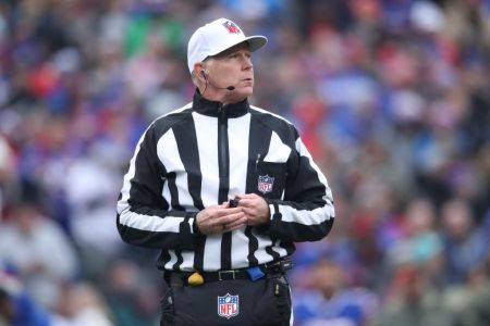 NFL referee Terry McAulay #77 looks on during the Buffalo Bills NFL game against the New Orleans Saints at New Era Field on November 12, 2017 in Buffalo, New York. (Photo by Tom Szczerbowski/Getty Images)