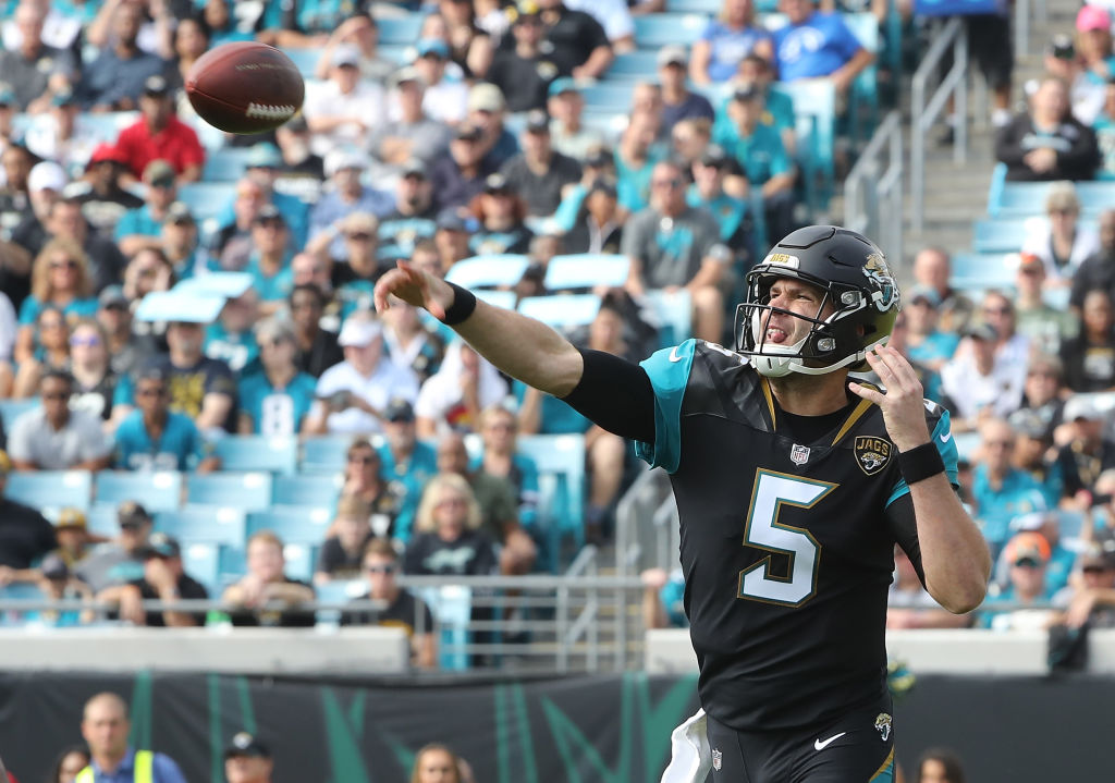 Blake Bortles #5 of the Jacksonville Jaguars throws a pass in the first half of their game against the Indianapolis Colts at EverBank Field on December 3, 2017 in Jacksonville, Florida. (Photo by Sam Greenwood/Getty Images)