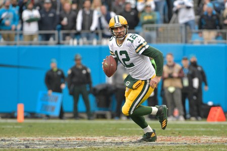 Aaron Rodgers #12 of the Green Bay Packers during their game against the Carolina Panthers at Bank of America Stadium on December 17, 2017 in Charlotte, North Carolina. The Panthers won 31-24.  (Photo by Grant Halverson/Getty Images)