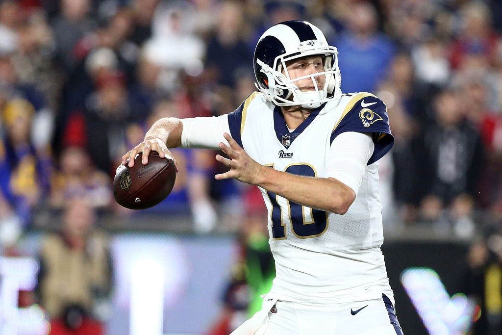 Jared Goff #16 of the Los Angeles Rams prepares to throw a pass during the NFC Wild Card Playoff Game against the Atlanta Falcons at the Los Angeles Coliseum on January 6, 2018 in Los Angeles, California.  (Photo by Sean M. Haffey/Getty Images)
