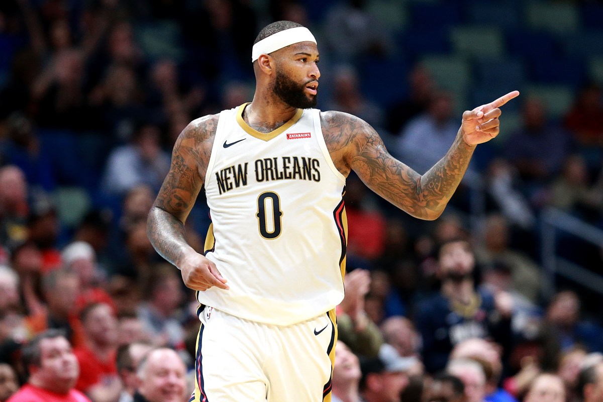 DeMarcus Cousins #0 of the New Orleans Pelicans reacts after scoring against the Chicago Bulls during a NBA game at the Smoothie King Center on January 22, 2018 in New Orleans, Louisiana. (Photo by Sean Gardner/Getty Images)