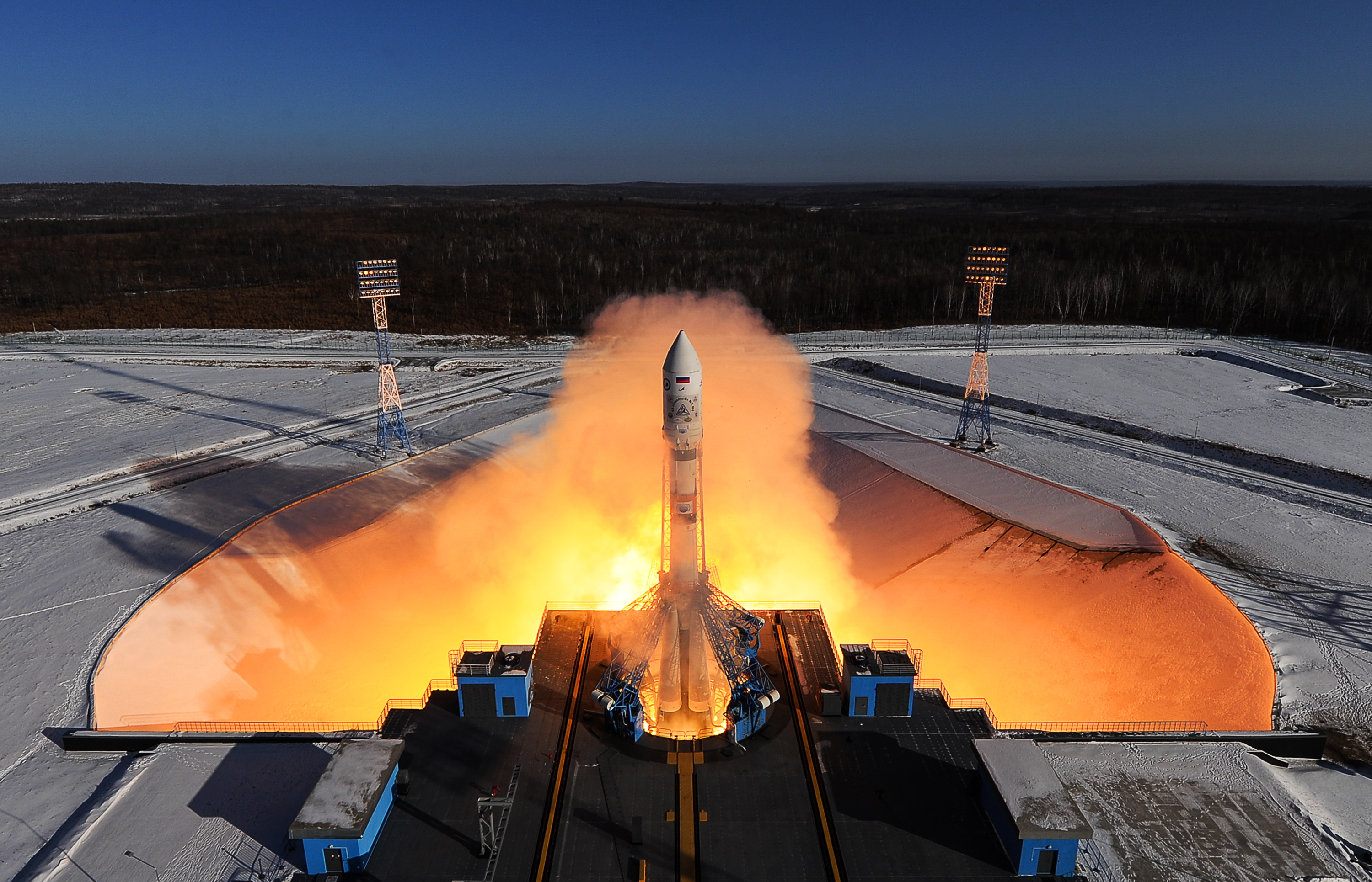 A Soyuz 2.1a rocket booster with a Frigate upper stage block launched from the Vostochny Cosmodrome. The Soyuz 2.1.a rocket booster is to deliver Russian Kanopus-V No3 and No4 remote sensing satellites and 9 small satellites to orbit. Donat Sorokin/TASS (Donat SorokinTASS via Getty Images)