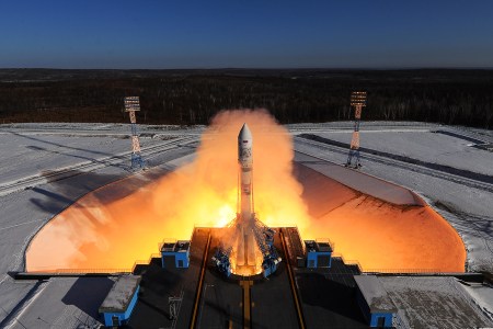 A Soyuz 2.1a rocket booster with a Frigate upper stage block launched from the Vostochny Cosmodrome. The Soyuz 2.1.a rocket booster is to deliver Russian Kanopus-V No3 and No4 remote sensing satellites and 9 small satellites to orbit. Donat Sorokin/TASS (Donat SorokinTASS via Getty Images)