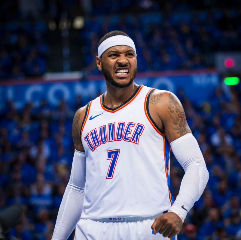 Carmelo Anthony #7 of the Oklahoma City Thunder during the game against the Utah Jazz during Game one and Round one of the 2018 NBA Playoffs on April 15, 2018 at Chesapeake Energy Arena in Oklahoma City, Oklahoma. (Photo by Zach Beeker/NBAE via Getty Images)