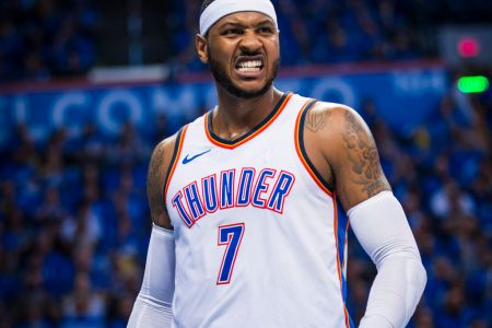 Carmelo Anthony #7 of the Oklahoma City Thunder during the game against the Utah Jazz during Game one and Round one of the 2018 NBA Playoffs on April 15, 2018 at Chesapeake Energy Arena in Oklahoma City, Oklahoma. (Photo by Zach Beeker/NBAE via Getty Images)
