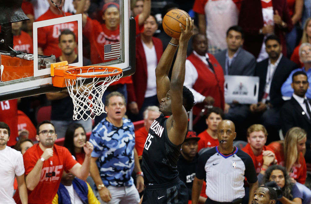 Clint Capela #15 of the Houston Rockets shoots against the Golden State Warriors in the first half of Game Seven of the Western Conference Finals of the 2018 NBA Playoffs at Toyota Center on May 28, 2018 in Houston, Texas. (Photo by Bob Levey/Getty Images)