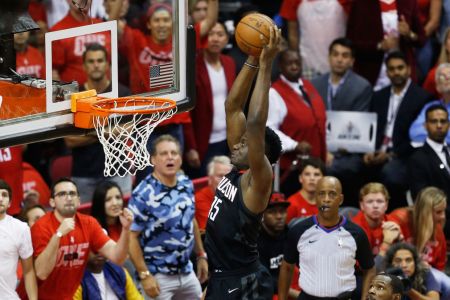 Clint Capela #15 of the Houston Rockets shoots against the Golden State Warriors in the first half of Game Seven of the Western Conference Finals of the 2018 NBA Playoffs at Toyota Center on May 28, 2018 in Houston, Texas. (Photo by Bob Levey/Getty Images)