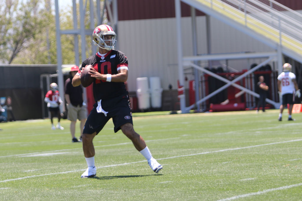 San Francisco 49ers Quarterback Jimmy Garoppolo (10) throws to receivers during minicamp on June 12, 2018 at the SAP Performance Facility in Santa Clara, CA. (Photo by Corey Silvia/Icon Sportswire via Getty Images)