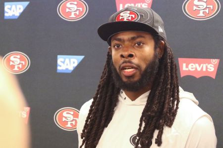 San Francisco 49ers Cornerback Richard Sherman (25) fields questions from reports before minicamp on June 12, 2018 at the SAP Performance Facility in Santa Clara, CA. (Photo by Corey Silvia/Icon Sportswire via Getty Images)