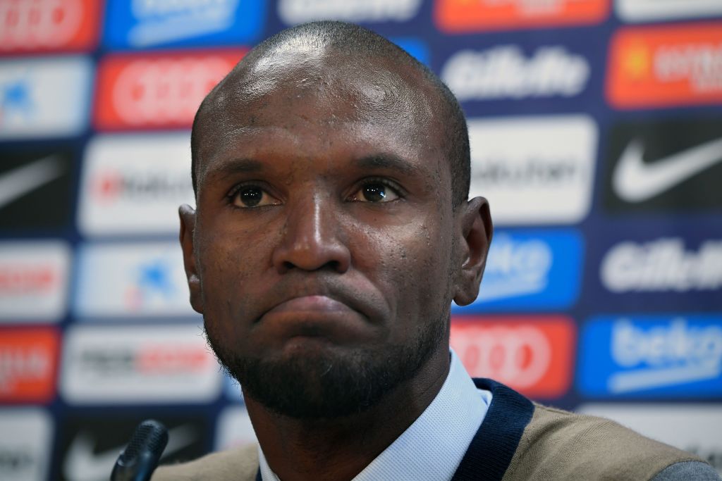 Barcelona's new technical secretary Eric Abidal gestures during his official presentation at the FC Barcelona Joan Gamper Sports Center in Sant Joan Despi, near Barcelona, on June 19, 2018 (Photo by LLUIS GENE/AFP/Getty Images)