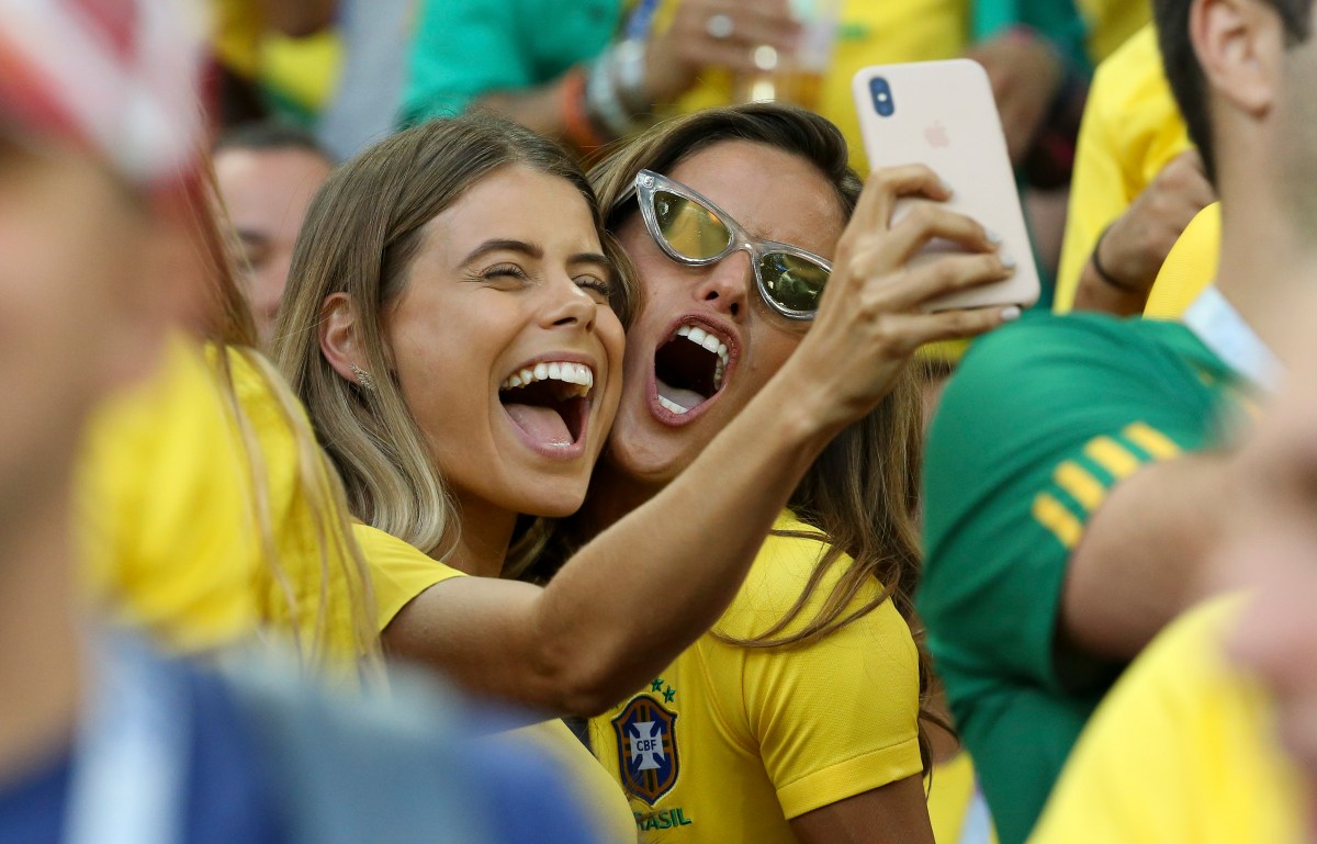 Carolina Cabrino, wife of Marquinhos of Brazil and Izabel Goulart, Brazilian top model (girlfriend of goalkeeper of Germany Kevin Trapp) during the 2018 FIFA World Cup Russia group E match between Serbia and Brazil at Spartak Stadium on June 27, 2018 in Moscow, Russia. (Jean Catuffe/Getty Images)