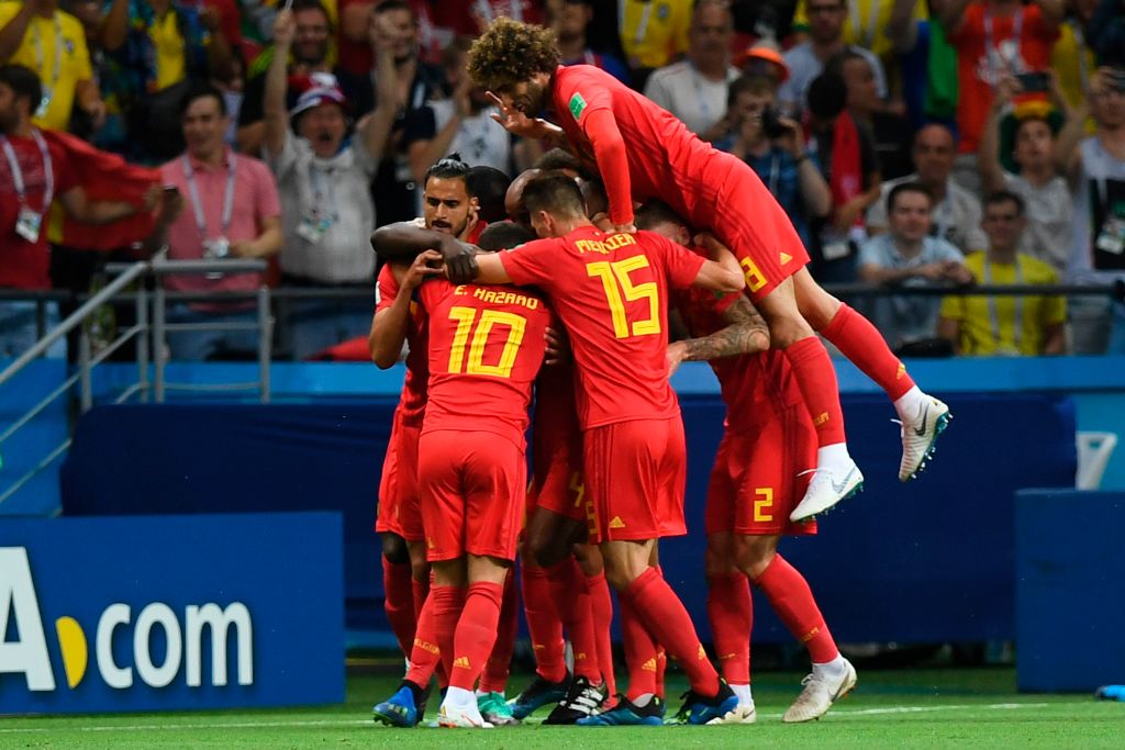 Belgium's players celebrates their opening goal during the Russia 2018 World Cup quarter-final football match between Brazil and Belgium at the Kazan Arena in Kazan on July 6, 2018. (Photo by Manan VATSYAYANA / AFP) / RESTRICTED TO EDITORIAL USE - NO MOBILE PUSH ALERTS/DOWNLOADS        (Photo credit should read MANAN VATSYAYANA/AFP/Getty Images)