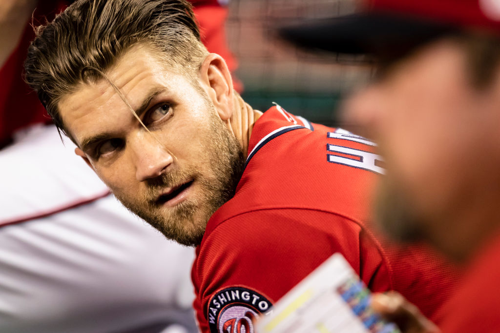 Bryce Harper #34 of the Washington Nationals looks on during the seventh inning against the Miami Marlins at Nationals Park on July 07, 2018 in Washington, DC.  (Photo by Scott Taetsch/Getty Images)