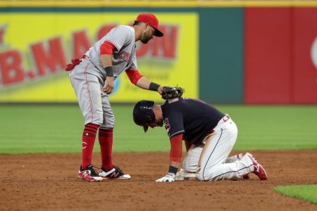Cincinnati Reds third baseman Eugenio Suarez (7) is safe at second base ahead of the tag of Cincinnati Reds shortstop Jose Peraza (9) during the ninth inning of the Major League Baseball Interleague game between the Cincinnati Reds and Cleveland Indians on July 9, 2018, at Progressive Field in Cleveland, OH. Cincinnati defeated Cleveland 7-5. (Photo by Frank Jansky/Icon Sportswire via Getty Images)