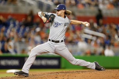 Josh Hader #71 of the Milwaukee Brewers delivers a pitch in the seventh inning against the Miami Marlins at Marlins Park on July 9, 2018 in Miami, Florida. (Photo by Michael Reaves/Getty Images)