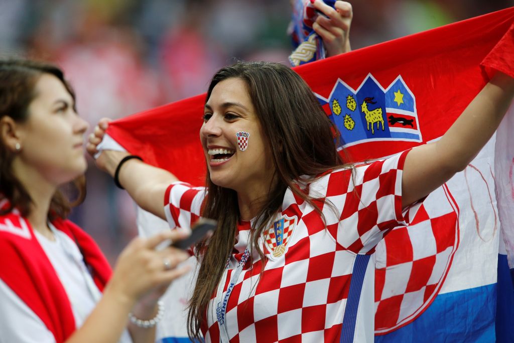 Female soccer fans of Croatia are seen before the 2018 FIFA World Cup Russia semi final match between Croatia and England at the Luzhniki Stadium in Moscow, Russia, on July 11, 2018.
 (Photo by Sefa Karacan/Anadolu Agency/Getty Images)