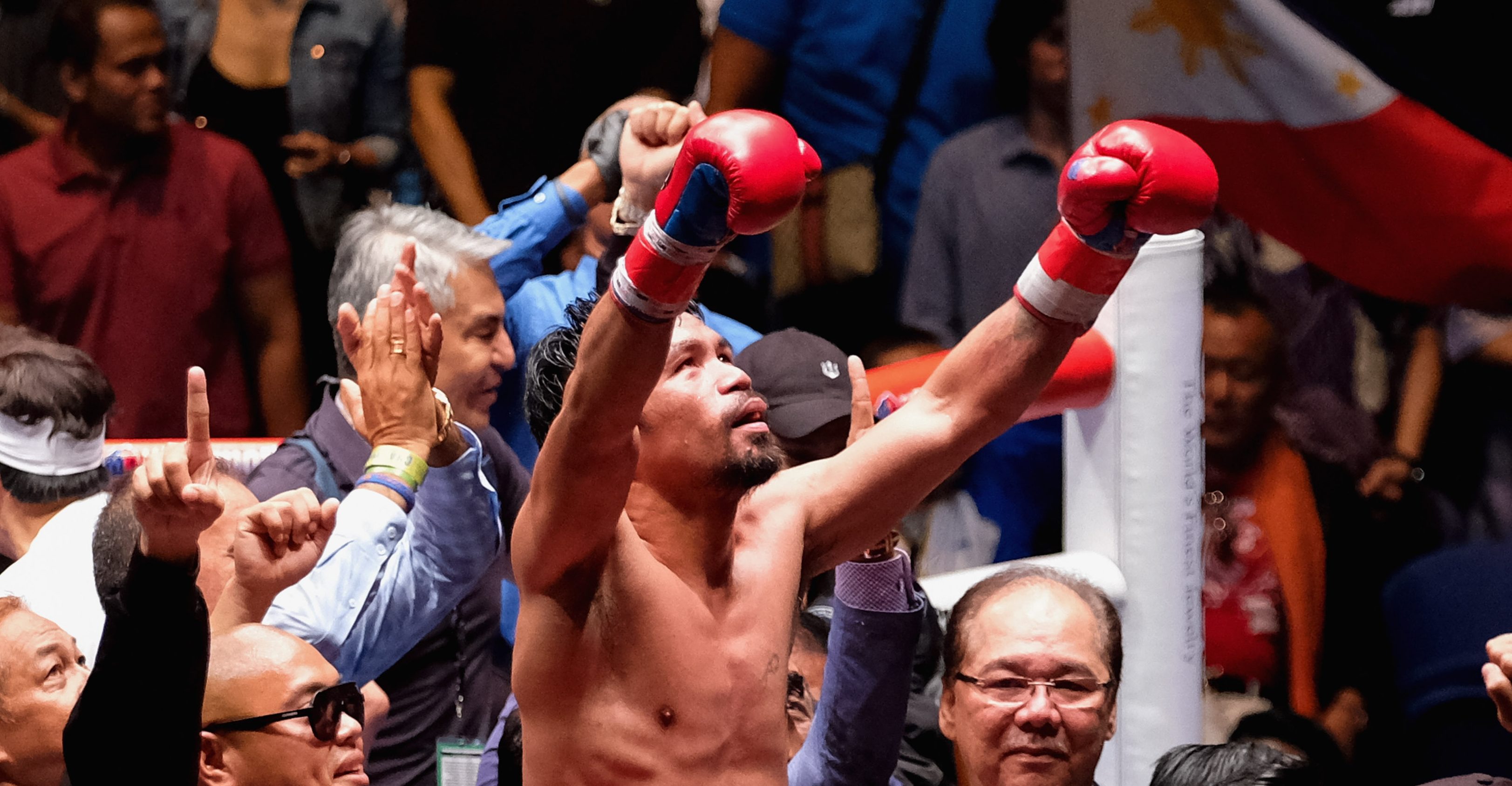 KUALA LUMPUR, MALAYSIA - JULY 15: Philippine's Manny Pacquiao celebrated after winning fight with Argentina's Lucas Matthysse during their World welterweight boxing championship title bout in Kuala Lumpur, Malaysia on July 15, 2018. (Photo by Mohd Samsul Mohd Said/Getty Images)