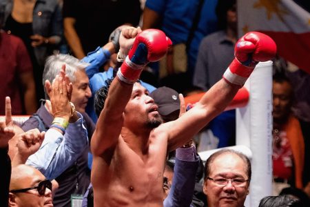 KUALA LUMPUR, MALAYSIA - JULY 15:  Philippine's Manny Pacquiao celebrated after winning fight with Argentina's Lucas Matthysse  during their World welterweight boxing championship title bout in Kuala Lumpur, Malaysia on July 15, 2018. (Photo by Mohd Samsul Mohd Said/Getty Images)