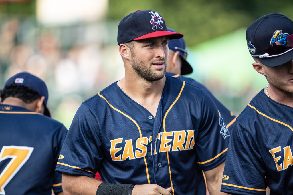 Tim Tebow #15 of the Eastern Division All-Stars in action during the 2018 Eastern League All Star Game at Arm & Hammer Park on July 11, 2018 in Trenton, New Jersey. (Photo by Mark Brown/Getty Images)