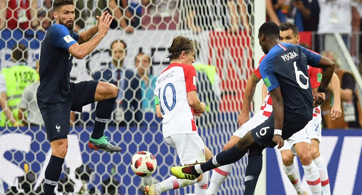 Paul Pogba of France scores his team's third goal during the 2018 FIFA World Cup Final between France and Croatia at Luzhniki Stadium on July 15, 2018 in Moscow, Russia.  (Photo by Matthias Hangst/Getty Images)