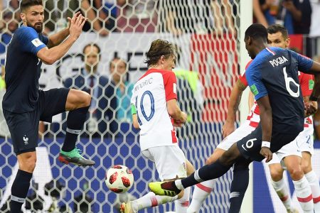 Paul Pogba of France scores his team's third goal during the 2018 FIFA World Cup Final between France and Croatia at Luzhniki Stadium on July 15, 2018 in Moscow, Russia.  (Photo by Matthias Hangst/Getty Images)