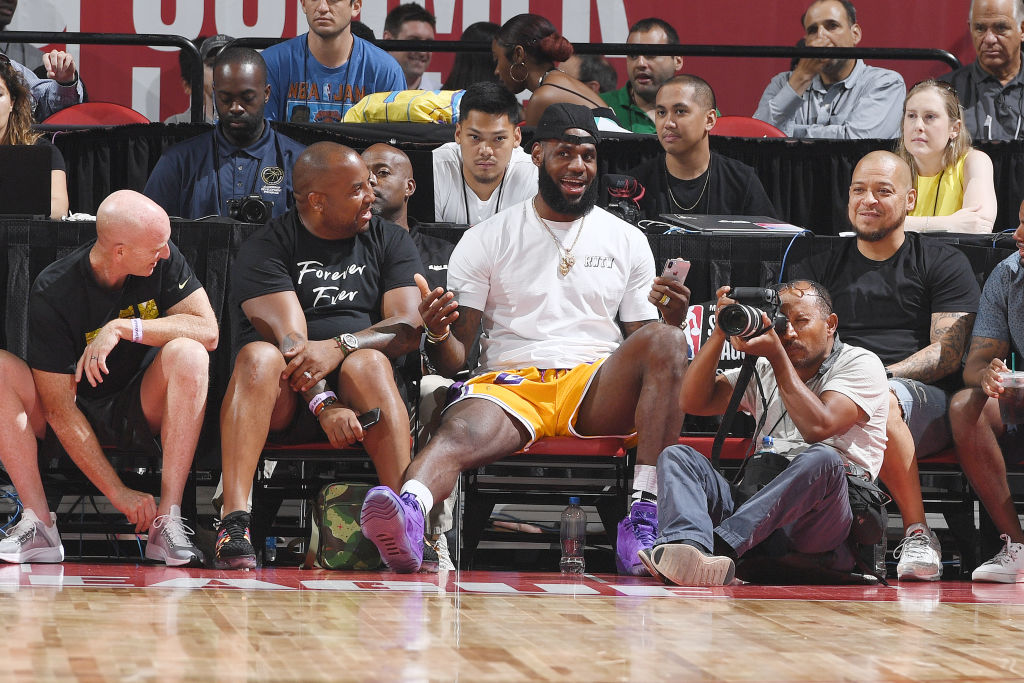 LeBron James #23 of the Los Angeles Lakers looks on during the game against the Detroit Pistons during the 2018 Las Vegas Summer League on July 15, 2018 at the Thomas & Mack Center in Las Vegas, Nevada. (Photo by Garrett Ellwood/NBAE via Getty Images)