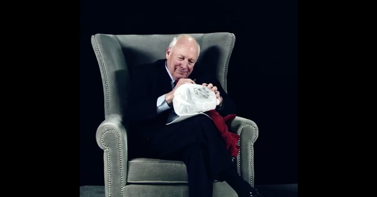Dick Cheney signs a waterboarding kit on Sacha Baron Cohen's new Showtime series. (Sacha Baron Cohen/Twitter)